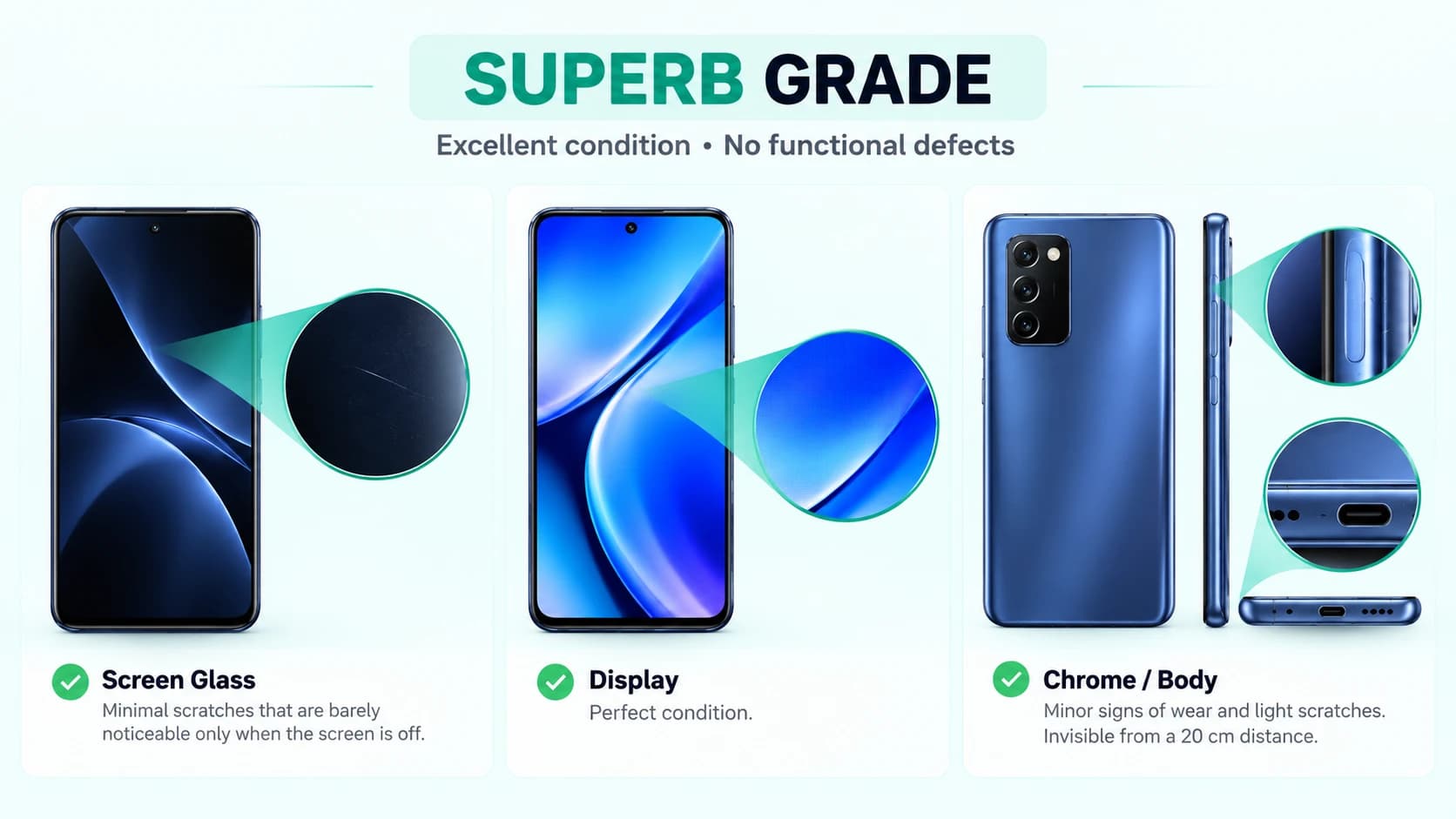Superb grade: Overall — No functional defects. Screen glass — Minimal scratches that are barely noticeable, only when the screen is off. Display — Perfect condition. Chrome / body — Minor signs of wear and light scratches. Invisible from a 20 cm distance.