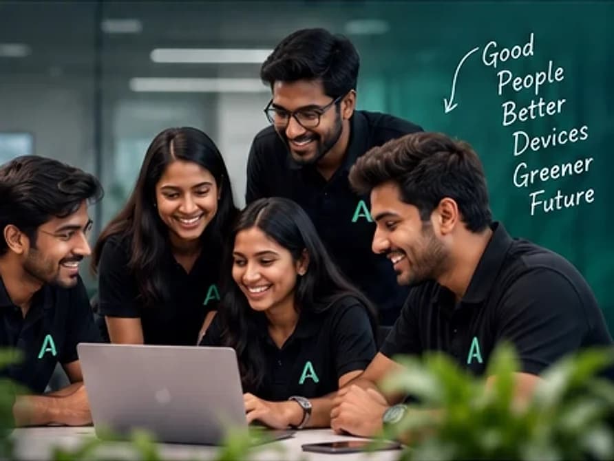 The AgainNew team working together around a laptop