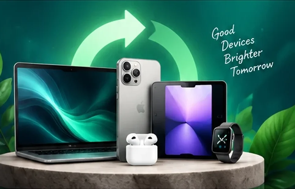 Refurbished laptop, phone, tablet, earbuds and watch on a stone podium